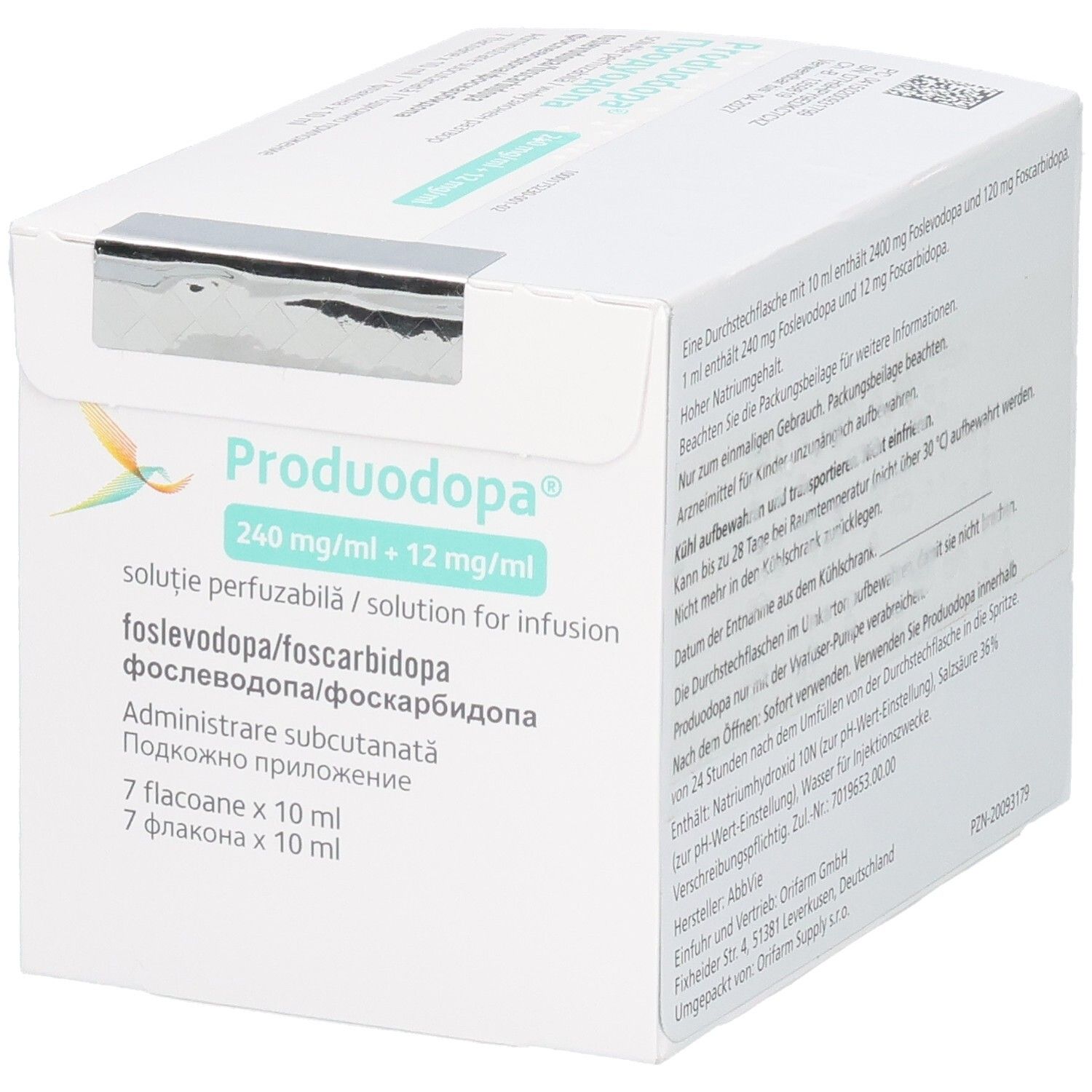 Karton mit PRODUODOPA, 240 mg/ml + 12 mg/ml Infusionslösung. Text in mehreren Sprachen.