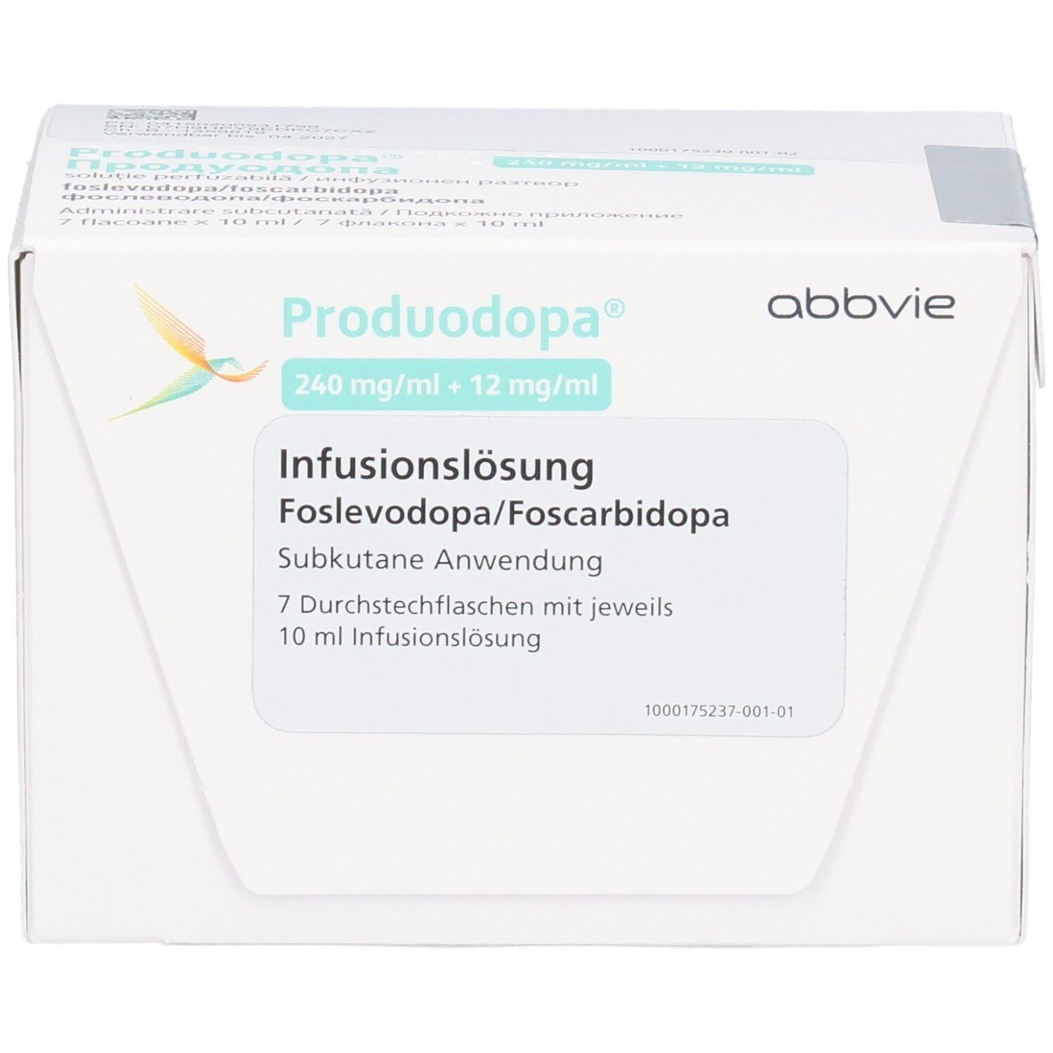 Weißer Karton mit PRODUODOPA, 240 mg/ml + 12 mg/ml Infusionslösung. Abbvie Logo.