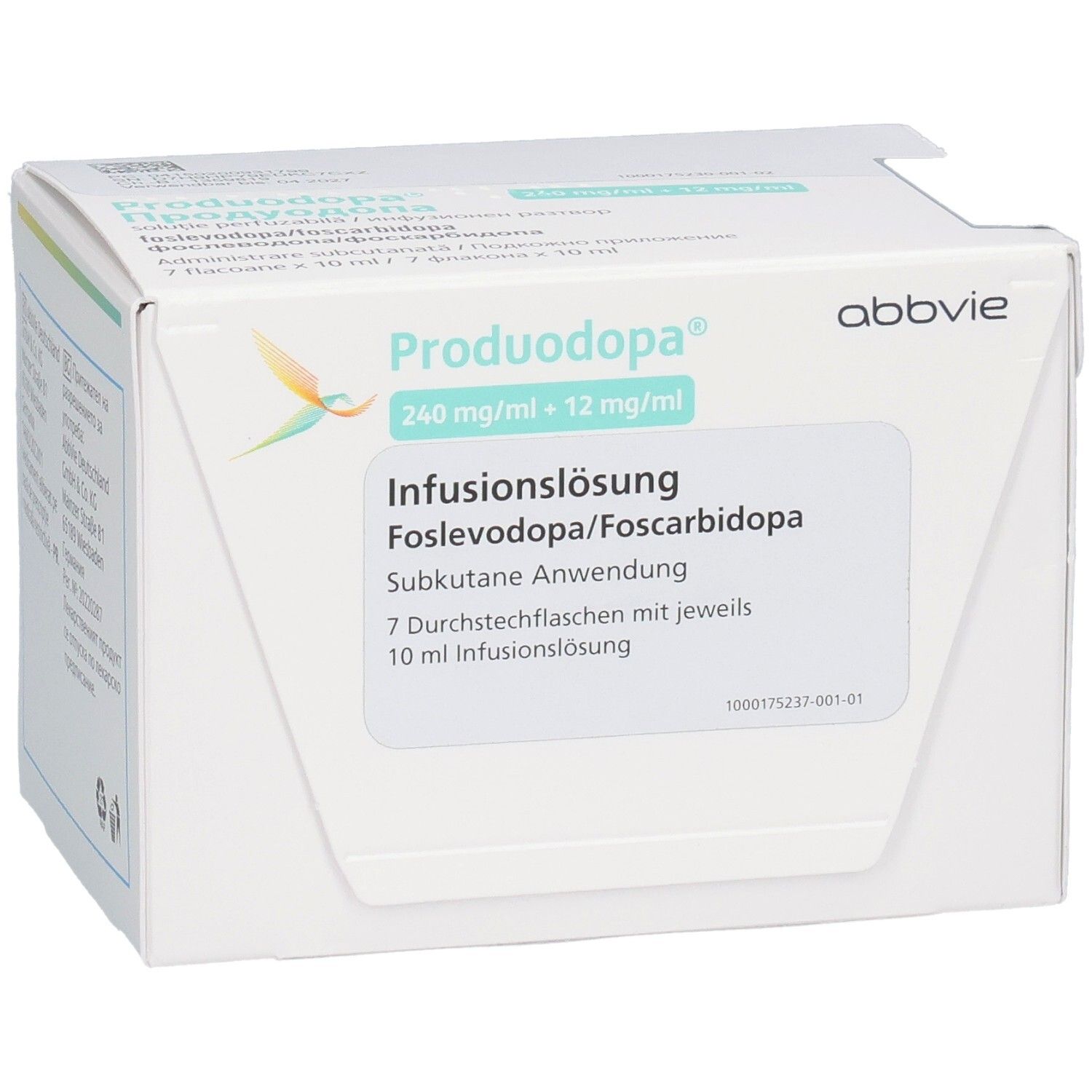 Weißer Karton mit PRODUODOPA, 240 mg/ml + 12 mg/ml Infusionslösung. Abbvie Logo.