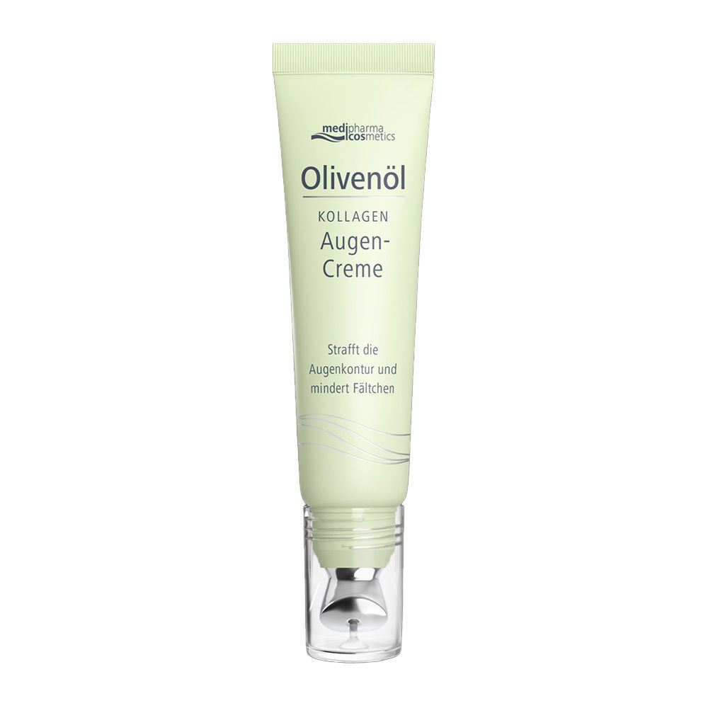 Grüne Tube mit Augencreme. Aufschrift: Olivenöl KOLLAGEN Augen-Creme. Mit Applikator.