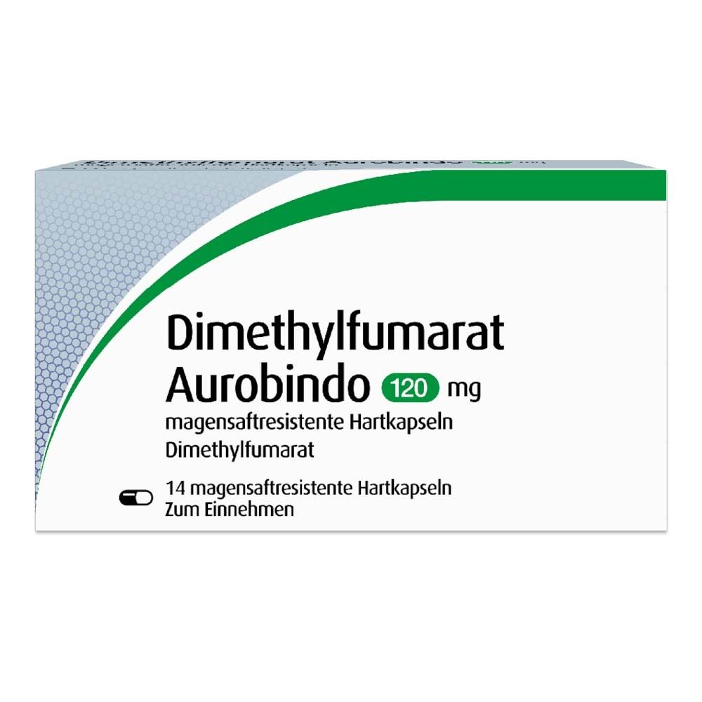 Schachtel mit Medikamenten. Aufschrift: Dimethylfumarat Aurobindo 120 mg magensaftr. Hartkapseln. 14 magensaftresistente Hartkapseln.