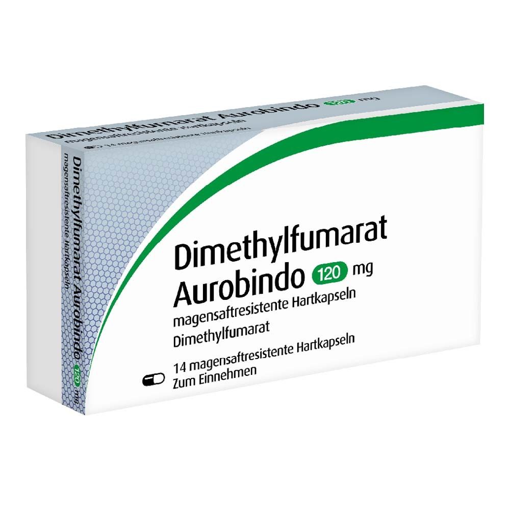 Schräg gestellte Medikamentenverpackung. Aufschrift: Dimethylfumarat Aurobindo 120 mg magensaftr. Hartkapseln. 14 Hartkapseln.