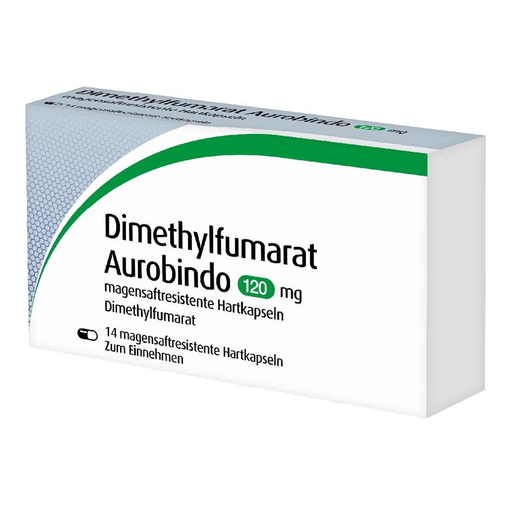 Medikamentenverpackung, leicht schräg. Aufschrift: Dimethylfumarat Aurobindo 120 mg magensaftr. Hartkapseln. 14 Hartkapseln.