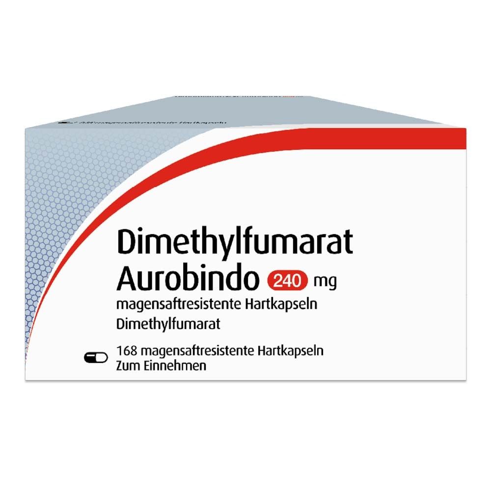 Schachtel mit DIMETHYLFUMARAT Aurobindo 240 mg Hartkapseln. Weiß, mit roter und blauer Grafik. Text: 168 magensaftresistente Hartkapseln.