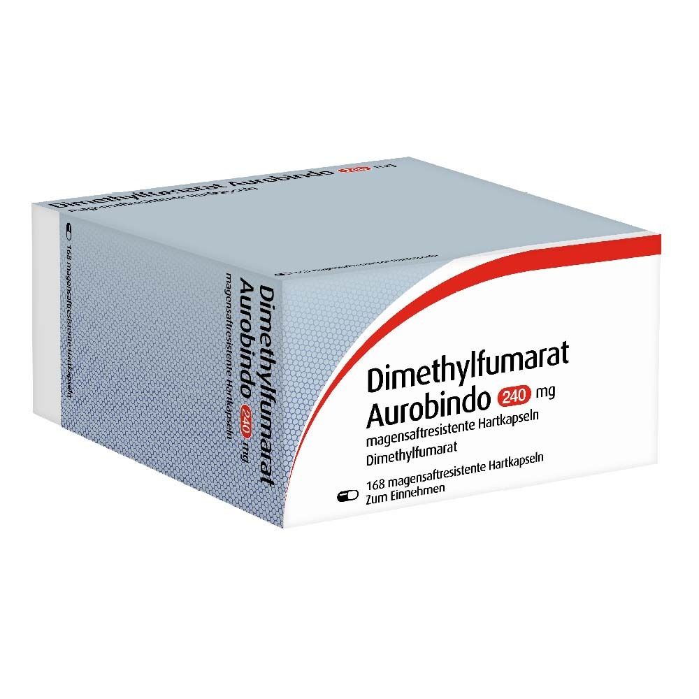 Schachtel DIMETHYLFUMARAT Aurobindo 240 mg, schräg. Weiß, mit roter und blauer Grafik. Text: 168 magensaftresistente Hartkapseln.