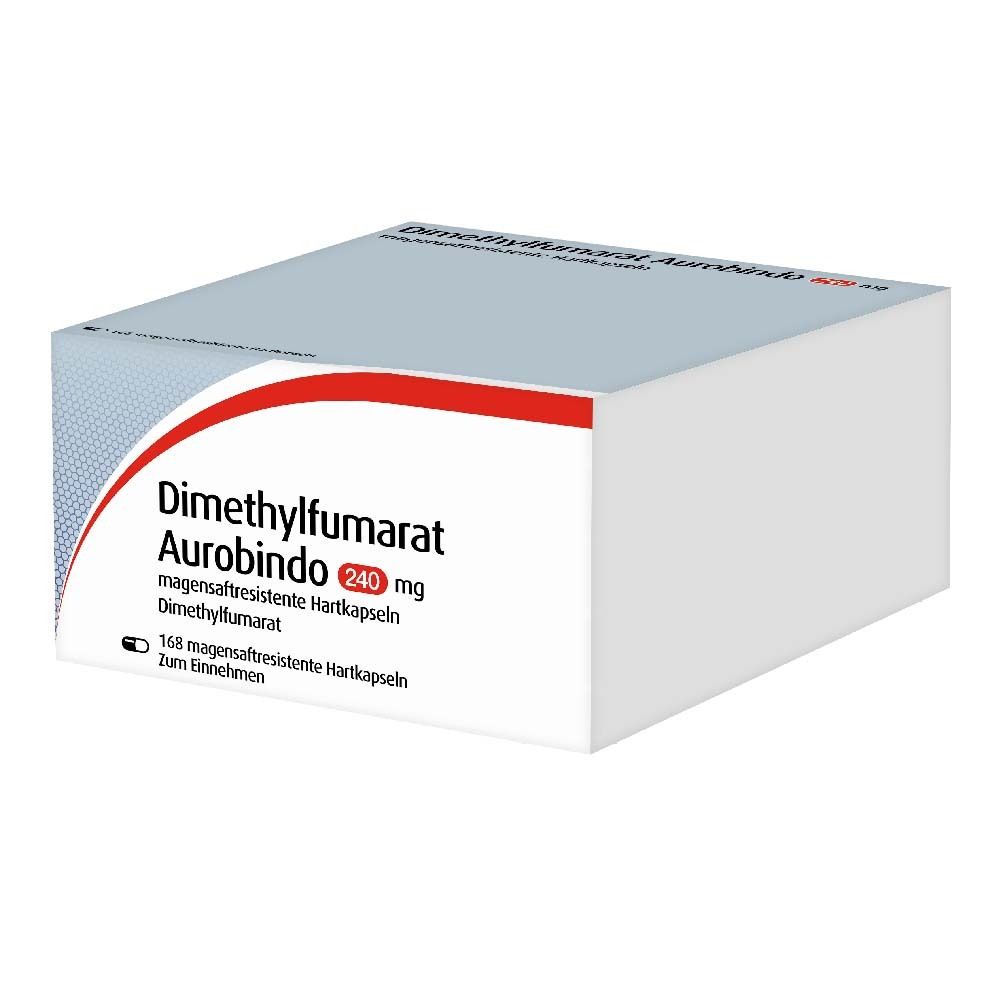 Schachtel DIMETHYLFUMARAT Aurobindo 240 mg. Weiß, mit roter und blauer Grafik. Text: 168 magensaftresistente Hartkapseln.
