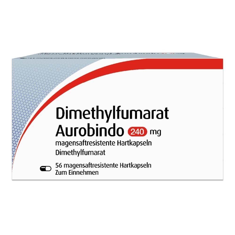 Weiße Arzneimittelverpackung mit roter und grauer Grafik. Beschriftung: Dimethylfumarat Aurobindo 240 mg, 56 magensaftresistente Hartkapseln.