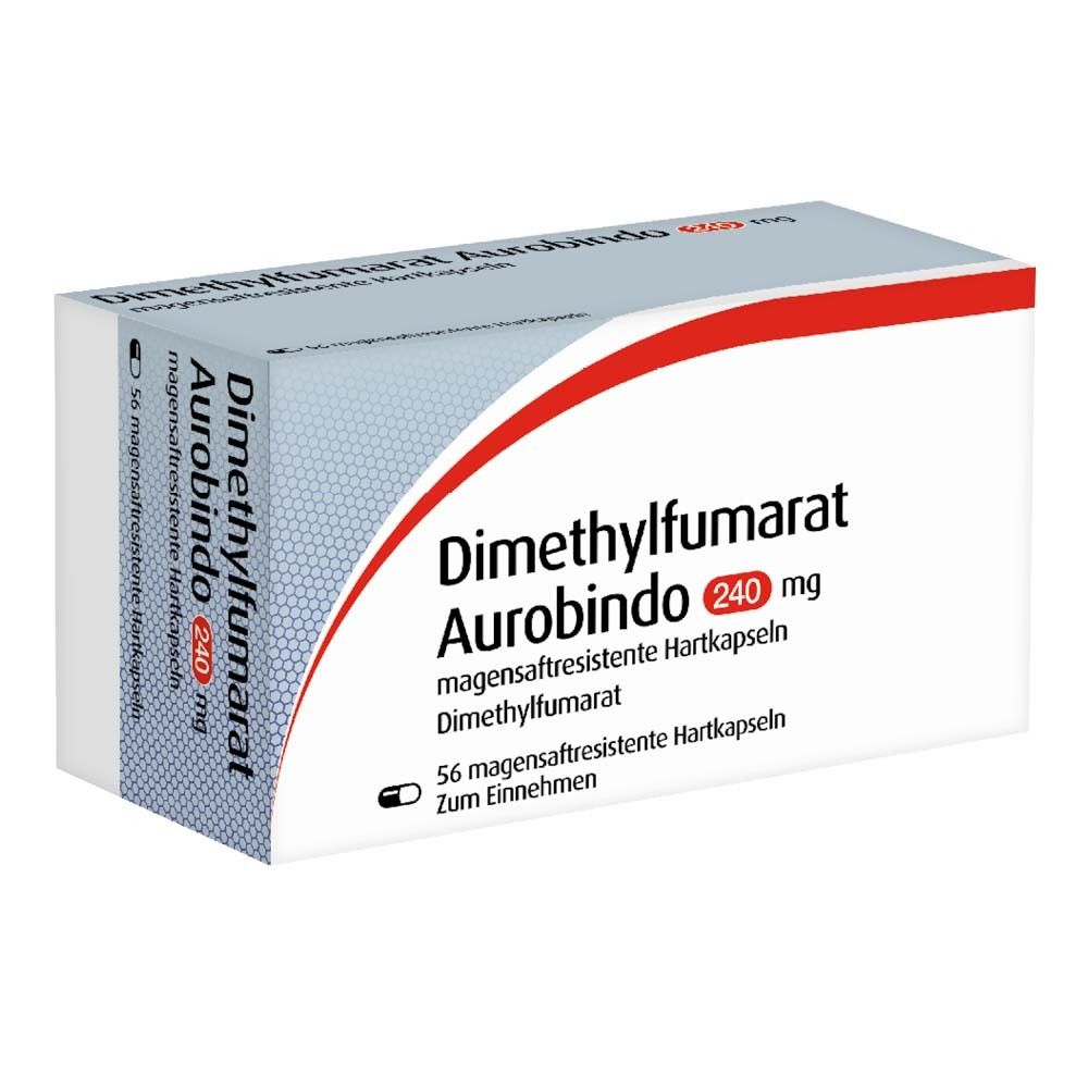 Arzneimittelverpackung, weiß mit roter und grauer Grafik. Beschriftung: Dimethylfumarat Aurobindo 240 mg, 56 magensaftresistente Hartkapseln.