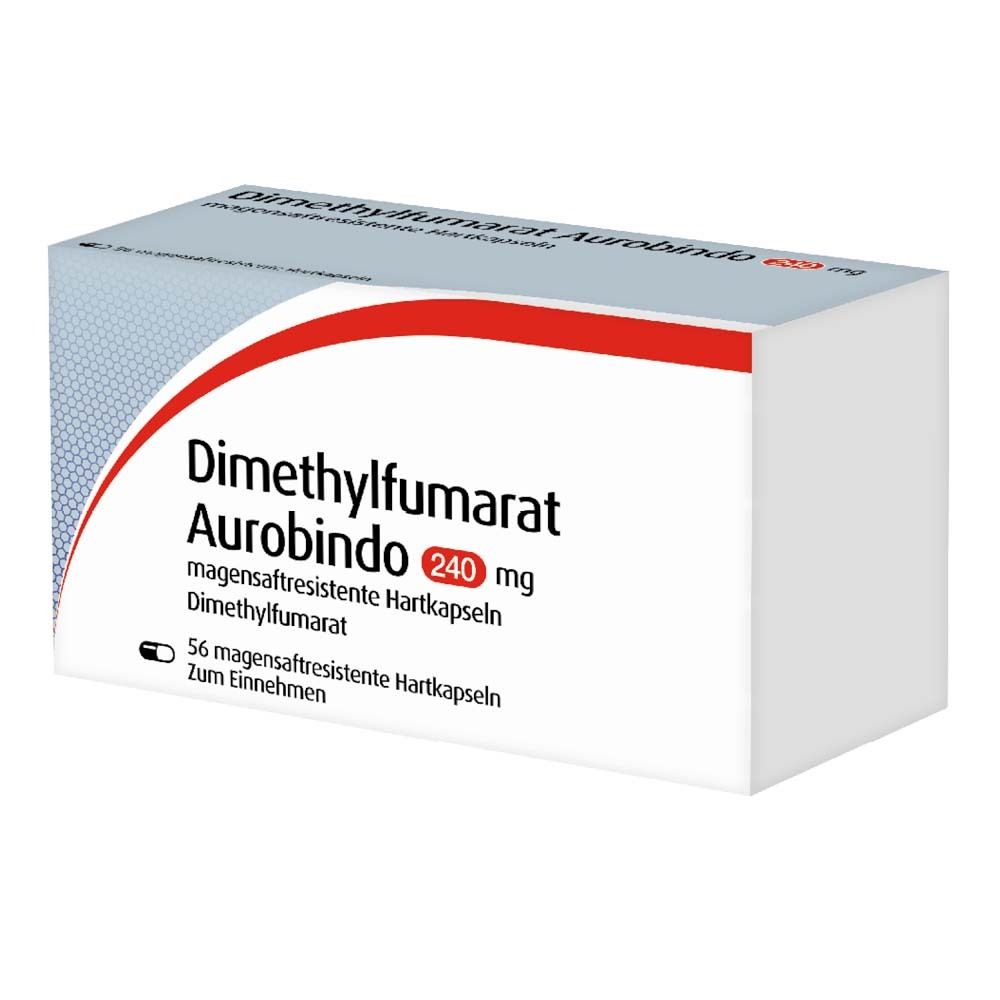 Weiße Arzneimittelverpackung mit roter und grauer Grafik. Beschriftung: Dimethylfumarat Aurobindo 240 mg, 56 magensaftresistente Hartkapseln.
