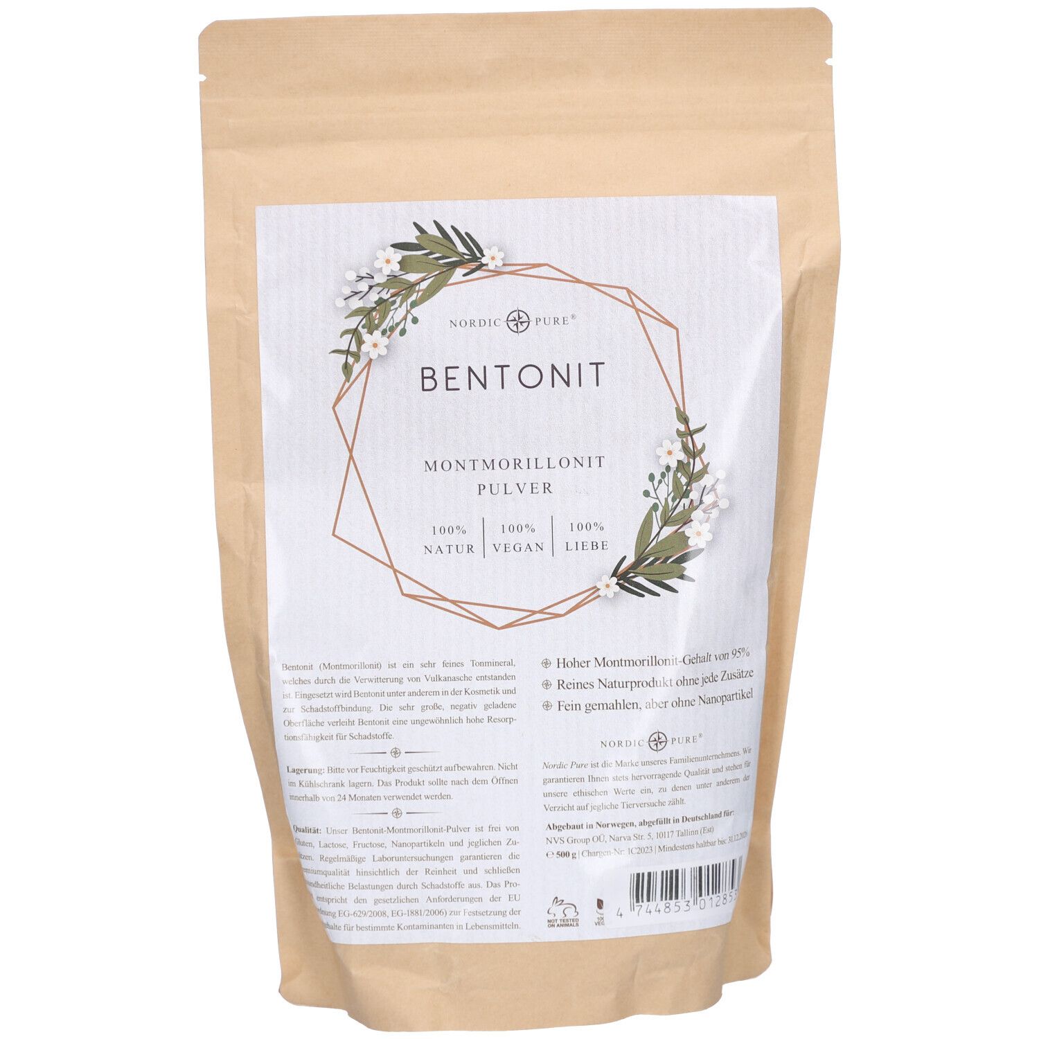 Beutel mit Produktetikett. Aufschrift: BENTONIT Pulver, Montmorillonit, Nordic Pure. Natur, vegan, liebe. Braune Papierverpackung.
