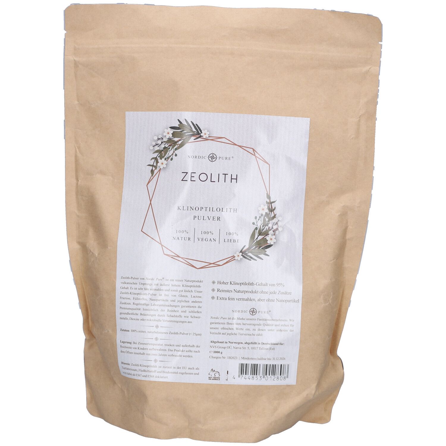 Beutel mit Aufdruck. Aufschrift: Nordic Pure, Zeolith Pulver, Klinoptilolith, Natur, vegan, laborgeprüft.