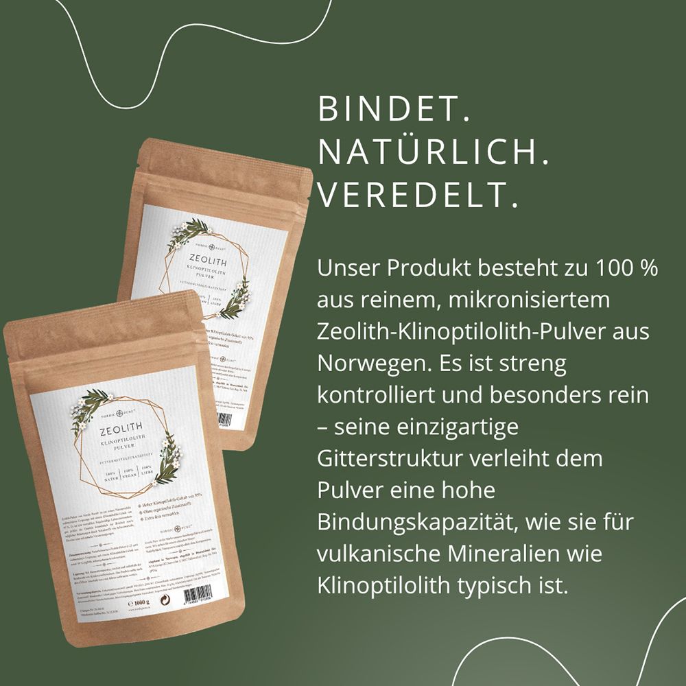 Zwei braune Beutel mit Zeolith-Klinoptilolith-Pulver, beschriftet mit geometrischem Design und Pflanzenmotiven.