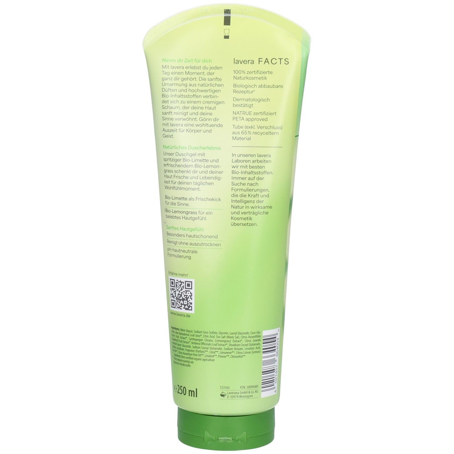 Rückseite der grünen Tube. Text mit Informationen und Inhaltsstoffen. "250 ml" Angabe. Vegan-Siegel.