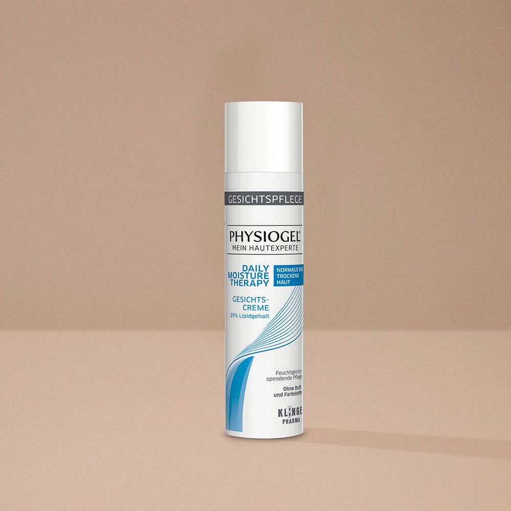 PHYSIOGEL Daily Moisture Therapy Gesichtscreme. Weiße Tube mit blauem Design. Für normale bis trockene Haut.