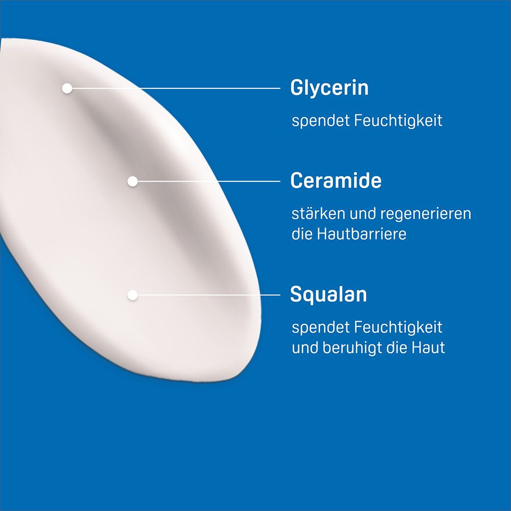 Nahaufnahme Creme. Glycerin, Ceramide, Squalane. Spenden Feuchtigkeit, stärken Hautbarriere, beruhigen Haut.