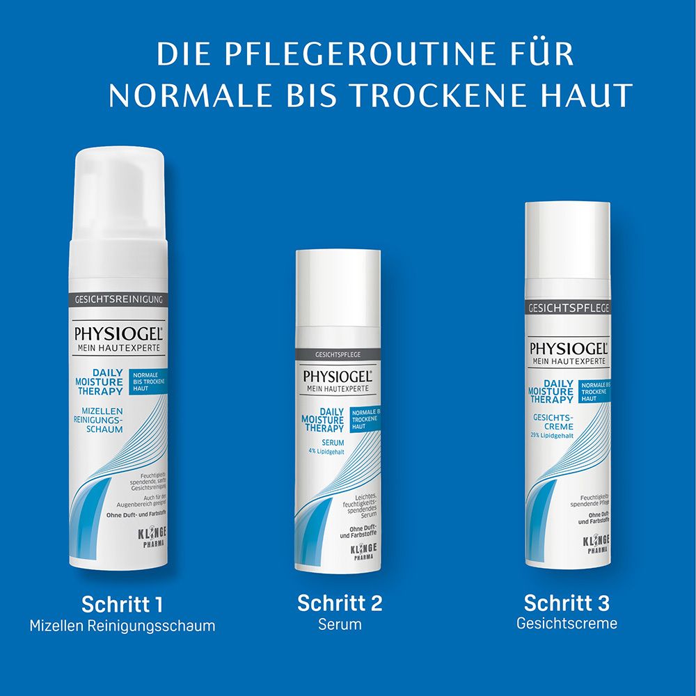 Pflegeroutine für normale bis trockene Haut. 3 Produkte: Reinigungsschaum, Serum, Gesichtscreme.