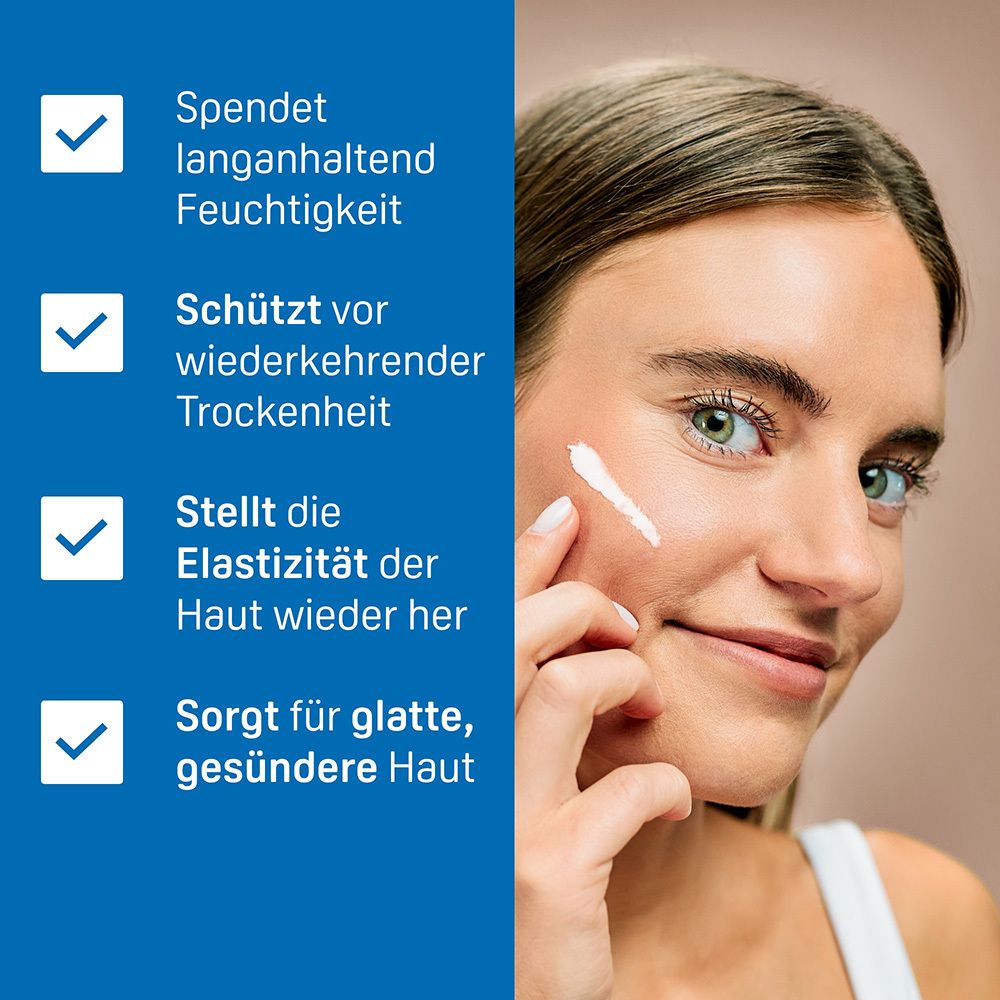 Frau trägt Creme auf. Spendet Feuchtigkeit, schützt vor Trockenheit, stellt Elastizität her, sorgt für glatte Haut.