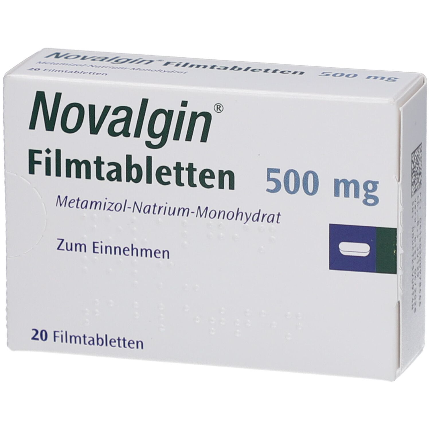 Weiße Schachtel mit Aufschrift Novalgin Filmtabletten 500 mg. Enthält 20 Tabletten. Blaue Markierung.