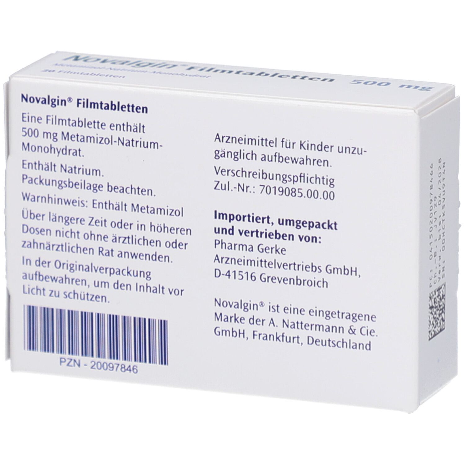Rückseite der Schachtel Novalgin Filmtabletten. Textinformationen, Barcode und Herstellerangaben.