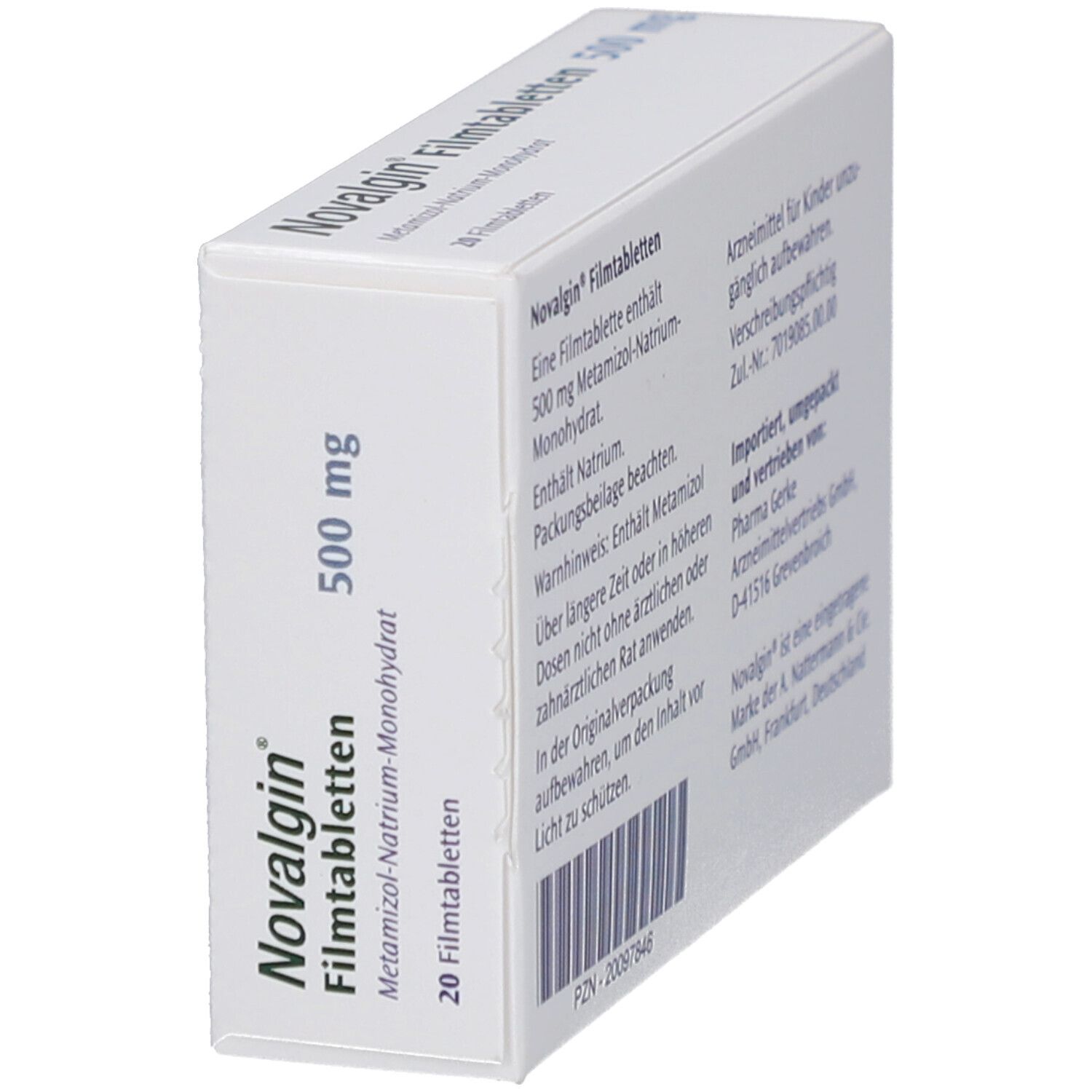 Schachtel Novalgin Filmtabletten 500 mg, schräg. Rückseite mit Text und Herstellerangaben sichtbar.