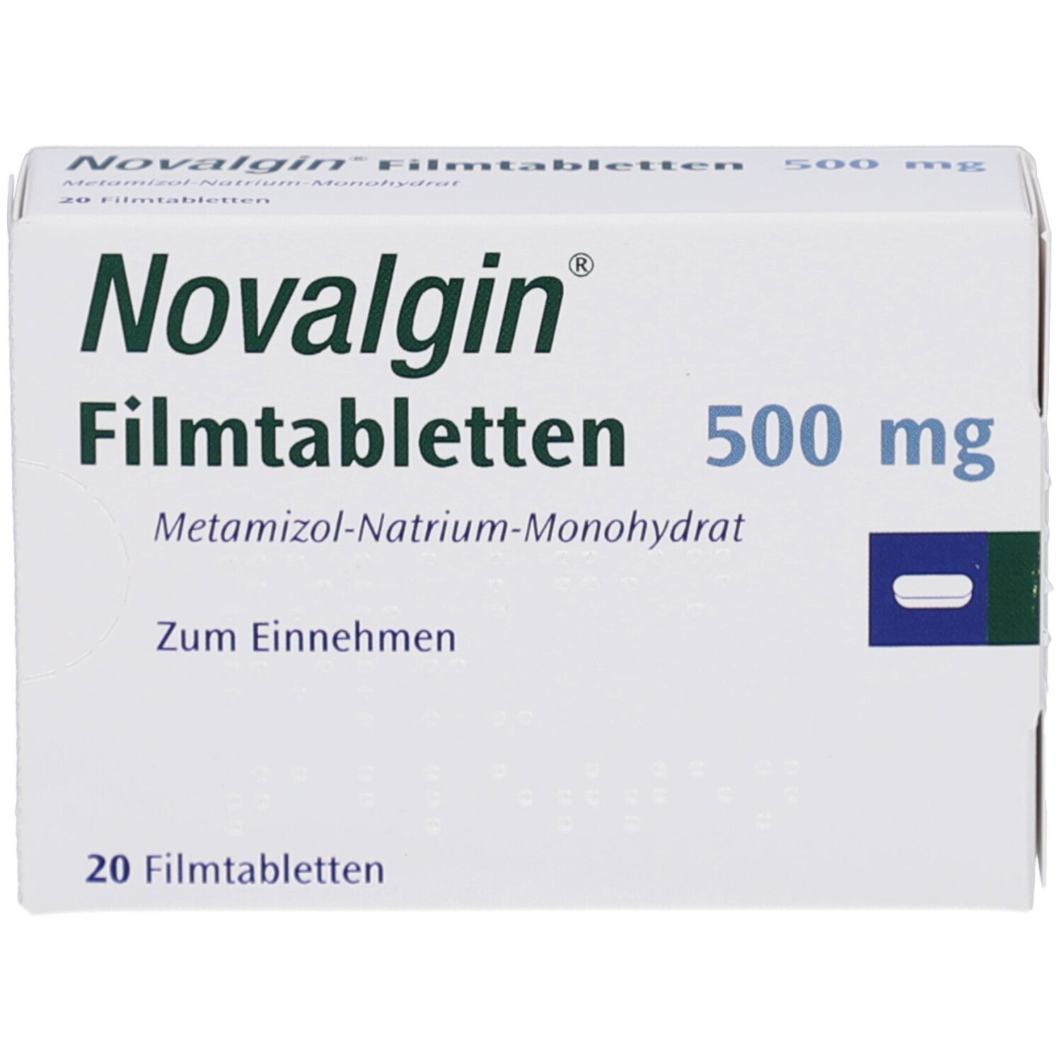 Weiße Schachtel mit Aufschrift Novalgin Filmtabletten 500 mg. Enthält 20 Tabletten. Blaue Markierung.