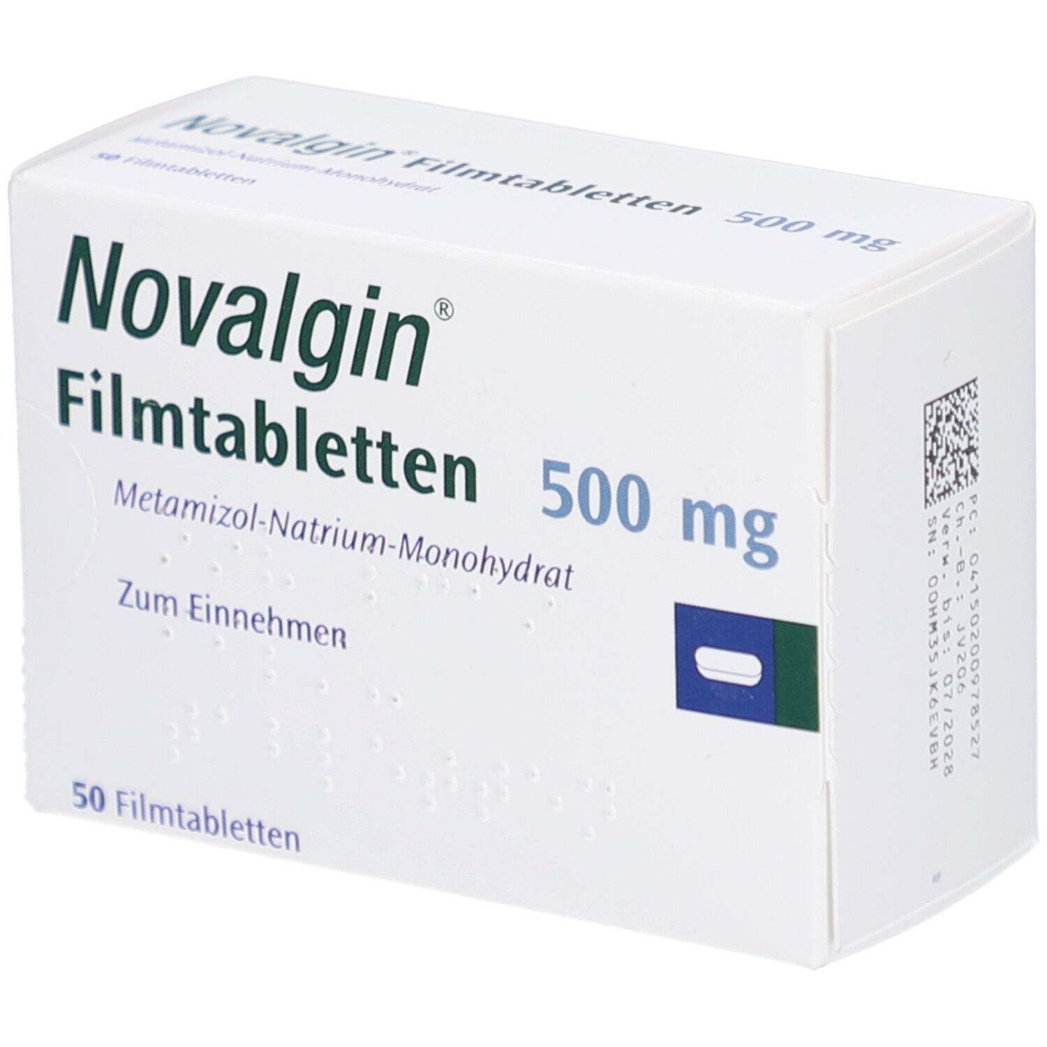 Weiße Schachtel mit Aufschrift Novalgin Filmtabletten 500 mg. Enthält 50 Filmtabletten. Metamizol-Natrium-Monohydrat.