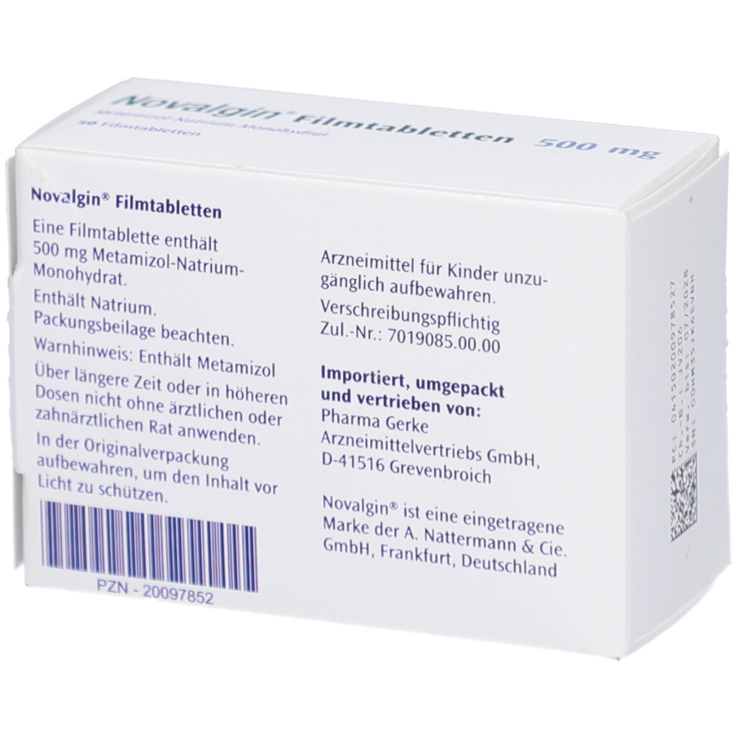 Rückseite der weißen Schachtel mit Informationen zu Novalgin Filmtabletten. Text in Deutsch. Enthält Informationen.