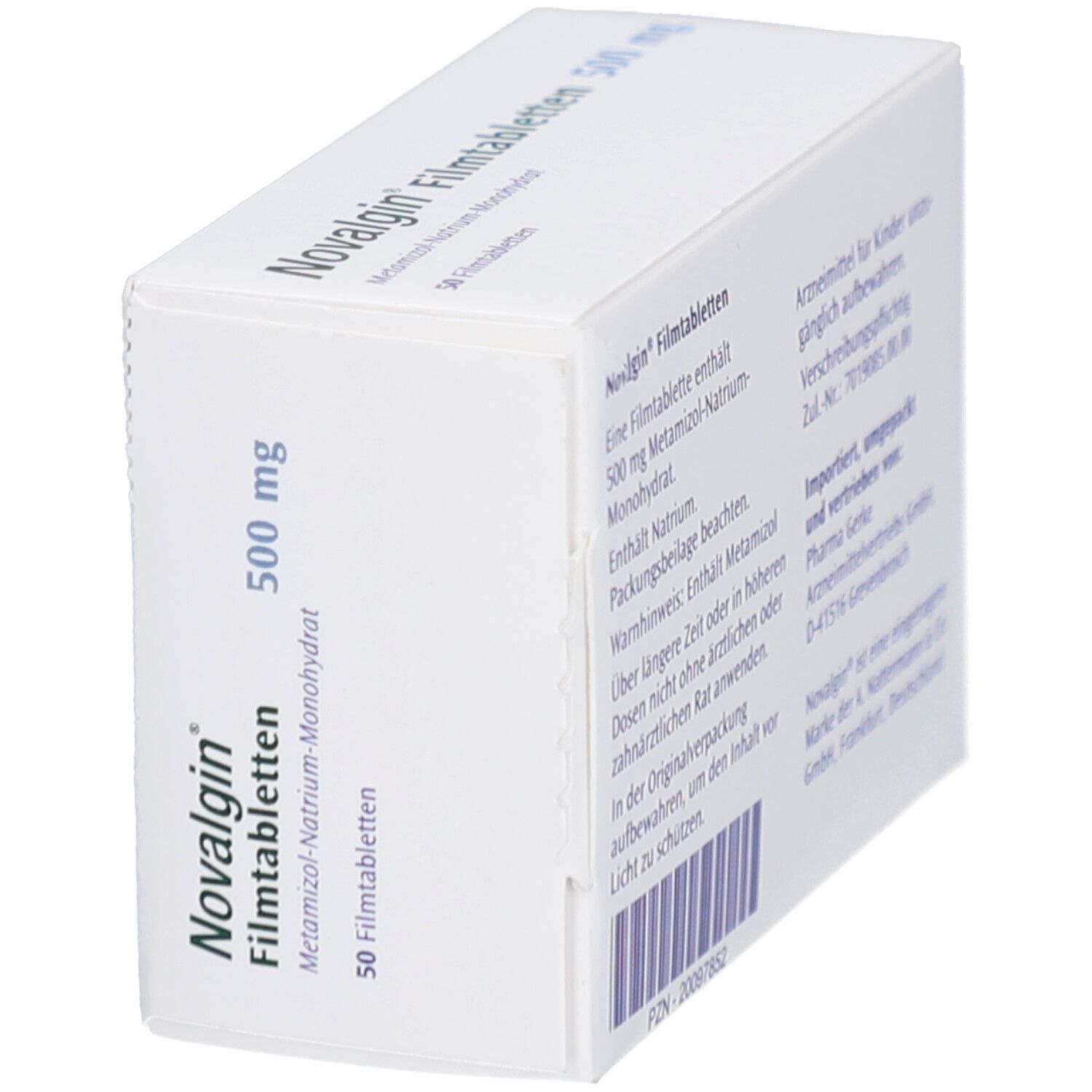 Schachtel mit Novalgin Filmtabletten 500 mg. Enthält 50 Filmtabletten. Metamizol-Natrium-Monohydrat. Schrägansicht.