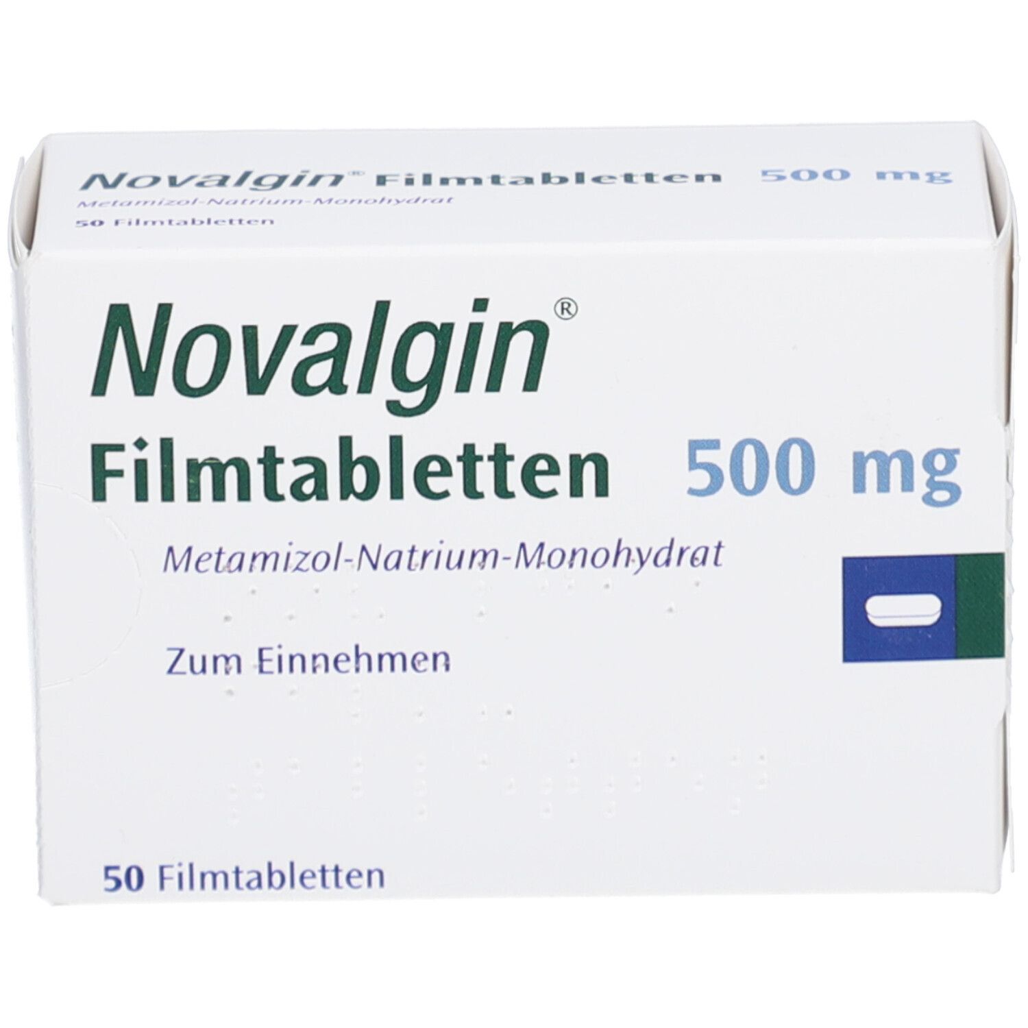 Weiße Schachtel mit Novalgin Filmtabletten 500 mg. Enthält 50 Filmtabletten. Metamizol-Natrium-Monohydrat. Frontansicht.