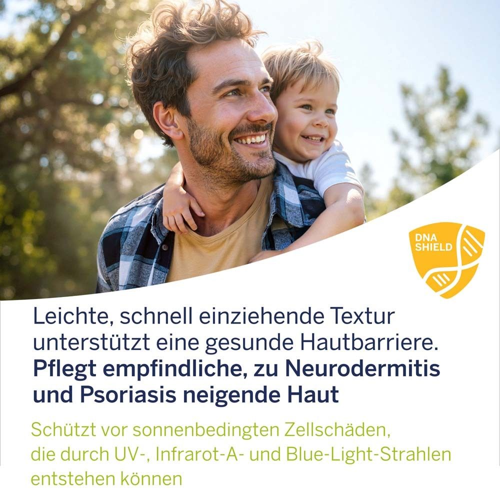 Ein Mann und ein Kind lächeln im Freien. Text: Leichte Textur unterstützt Hautbarriere. Schützt vor Zellschäden durch UV-, Infrarot-A- und Blaulicht.