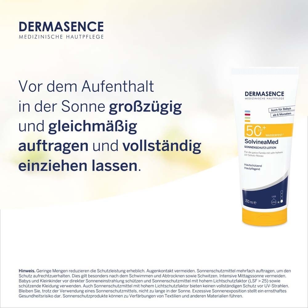 Produkt-Tube mit Text. Text: Vor dem Aufenthalt in der Sonne großzügig auftragen. Sonnenschutzlotion LSF 50+. 200 ml.