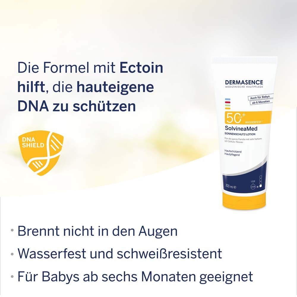 Produkt-Tube mit Text. Text: Die Formel mit Ectoin hilft, die hauteigene DNA zu schützen. Wasserfest und schweißresistent. Für Babys ab sechs Monaten.