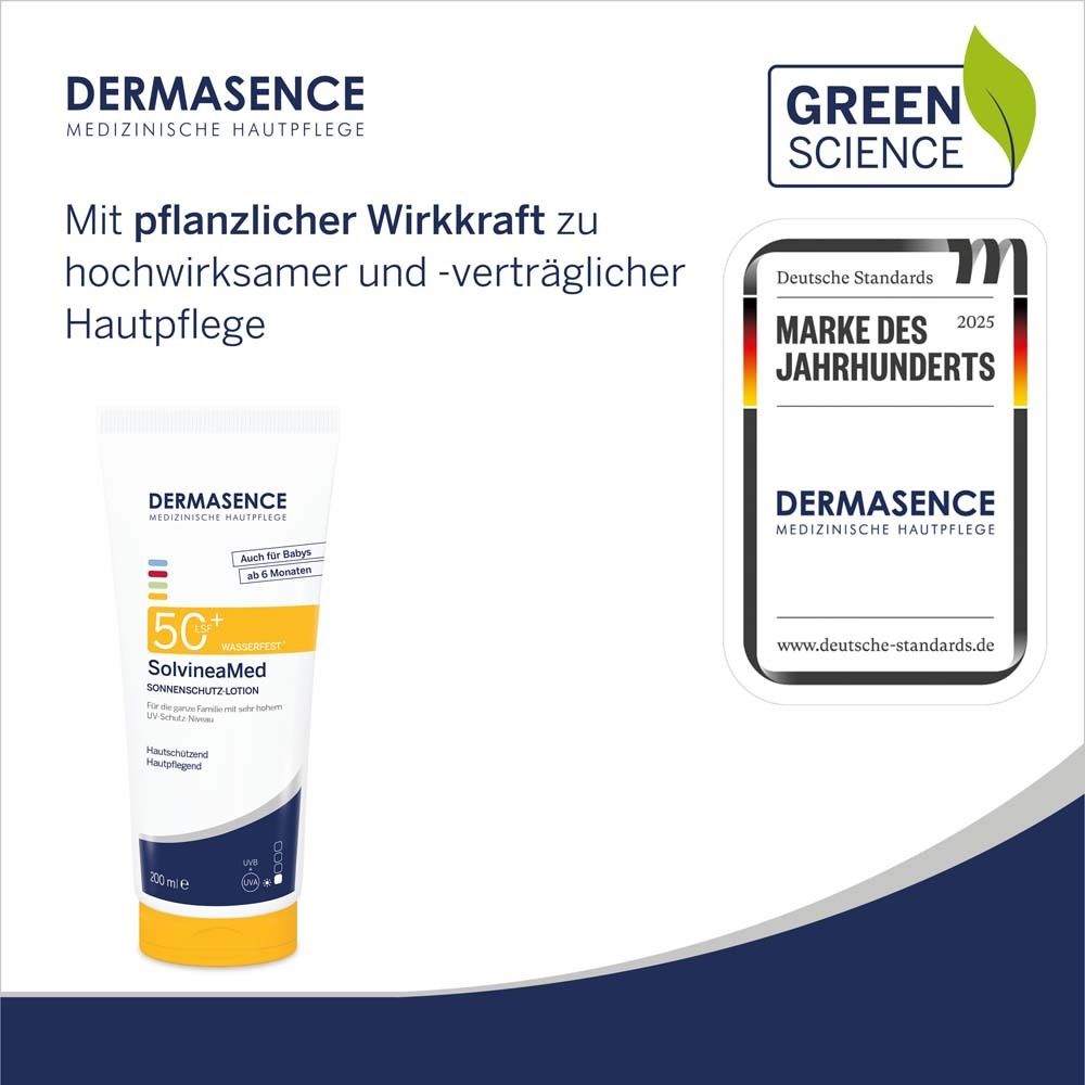Produkt-Tube mit Text. Text: Mit pflanzlicher Wirkkraft. Marke des Jahrhunderts 2025. Sonnenschutzlotion LSF 50+. 200 ml.