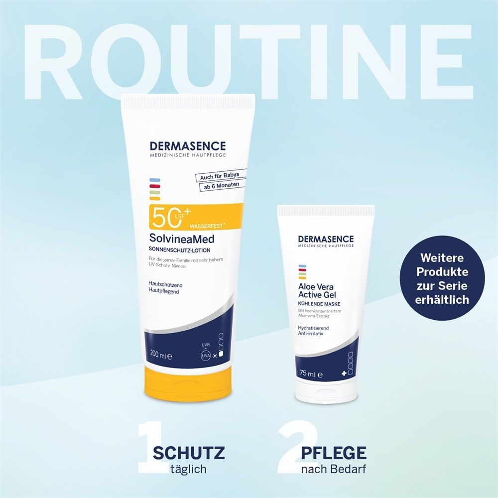 DERMASENCE SolvineaMed Sonnenschutz-Lotion LSF 50+ (200ml) und Aloe Vera Active Gel (75ml).