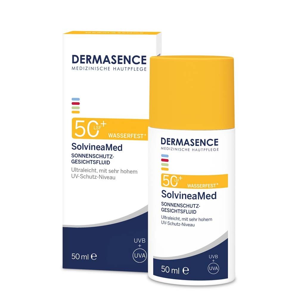 DERMASENCE SolvineaMed Sonnenschutz-Gesichtsfluid LSF 50+. Weiße Flasche mit gelbem Deckel und Verpackung.