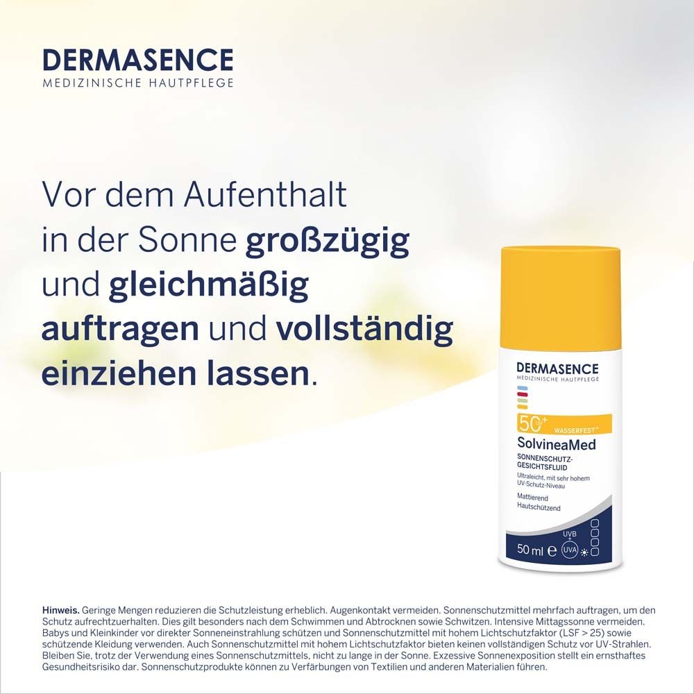 DERMASENCE SolvineaMed Sonnenschutz-Gesichtsfluid LSF 50+. Text: Vor dem Aufenthalt in der Sonne auftragen.