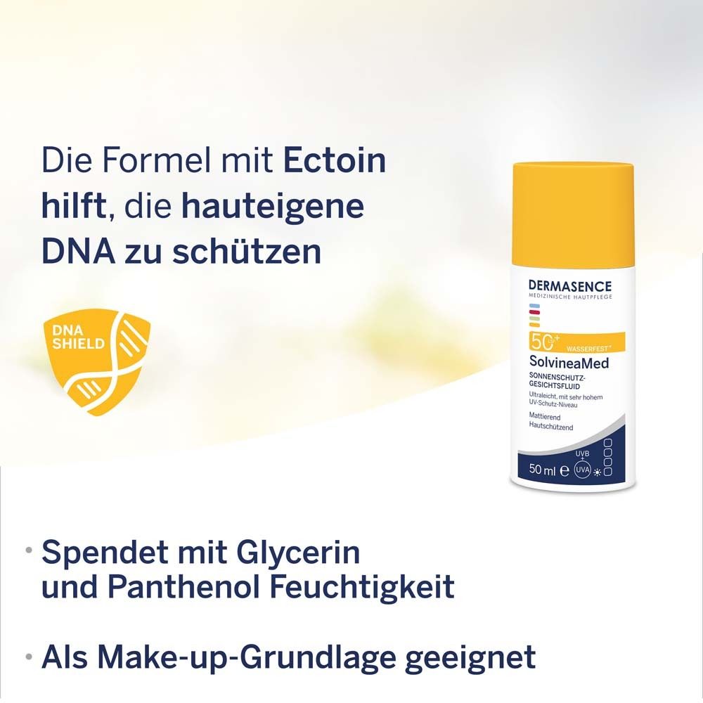 DERMASENCE SolvineaMed Sonnenschutz-Gesichtsfluid LSF 50+. Text: Formel mit Ectoin schützt DNA. Glycerin.