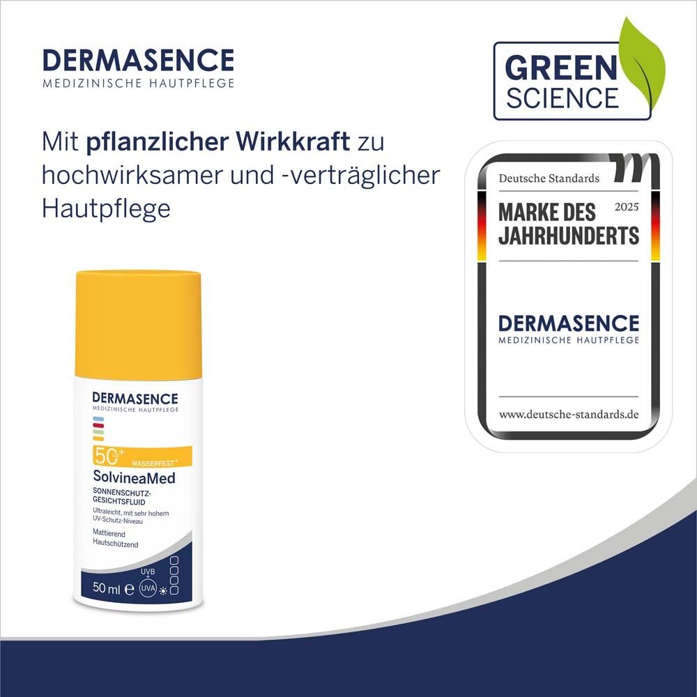 DERMASENCE SolvineaMed Sonnenschutz-Gesichtsfluid LSF 50+. Logo: Marke des Jahrhunderts. Green Science.