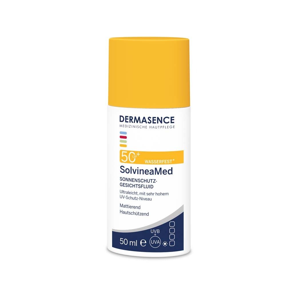 DERMASENCE SolvineaMed Sonnenschutz-Gesichtsfluid LSF 50+. Weiße Flasche mit gelbem Deckel.