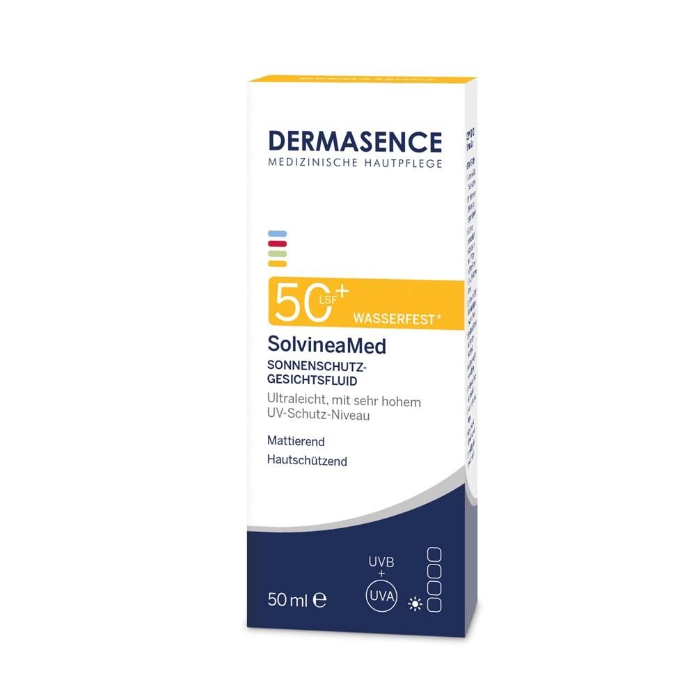 DERMASENCE SolvineaMed Sonnenschutz-Gesichtsfluid LSF 50+. Weiße Verpackung mit Produktinformationen.