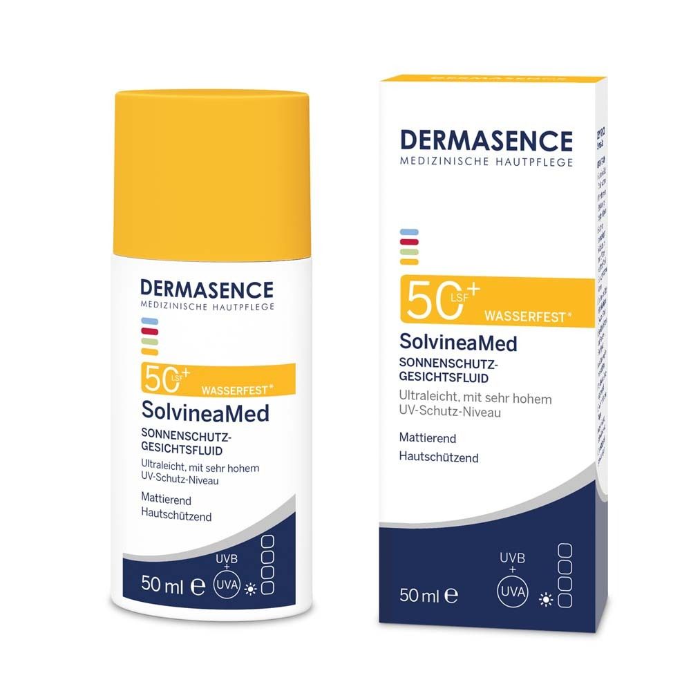 DERMASENCE SolvineaMed Sonnenschutz-Gesichtsfluid LSF 50+. Flasche und Verpackung nebeneinander.