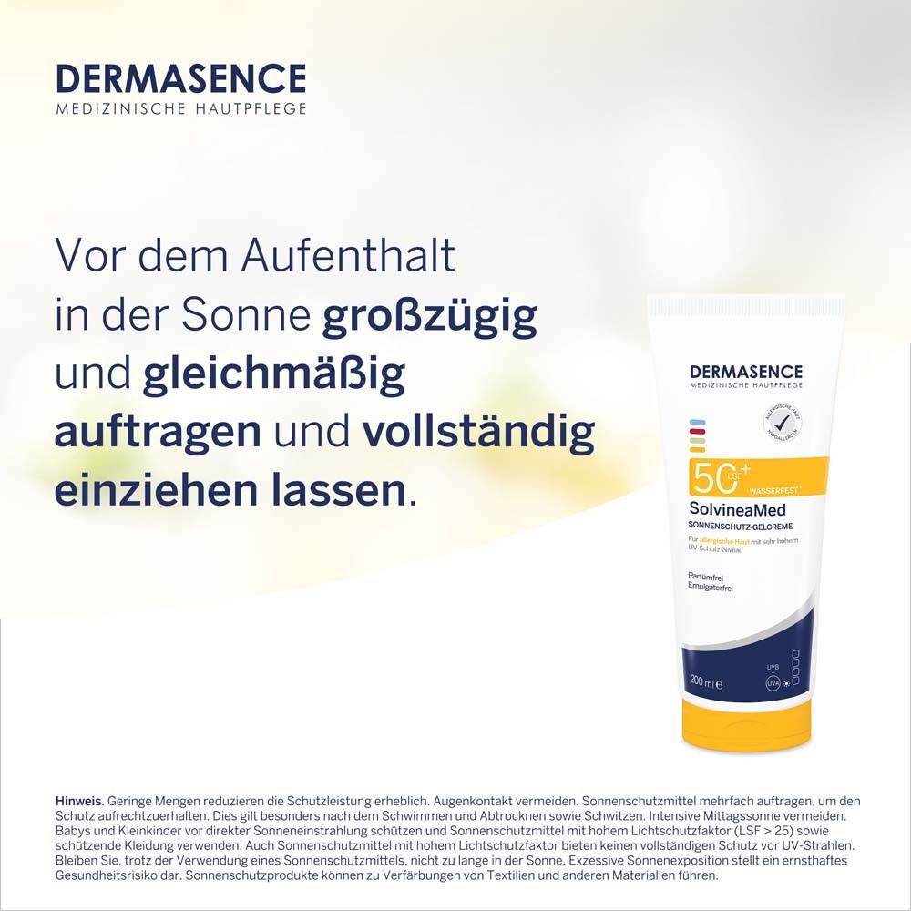 DERMASENCE SolvineaMed Sonnenschutz-Gelcreme LSF 50+ neben Text. Text: Vor dem Aufenthalt in der Sonne großzügig und gleichmäßig auftragen und vollständig einziehen lassen.