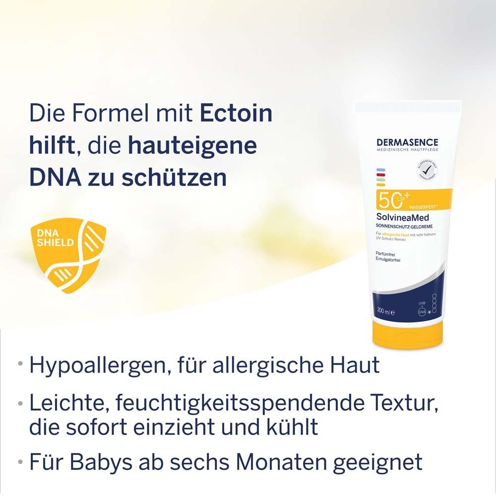 DERMASENCE SolvineaMed Sonnenschutz-Gelcreme LSF 50+ neben Text. Text: Die Formel mit Ectoin hilft, die hauteigene DNA zu schützen. Für Babys ab sechs Monaten geeignet.