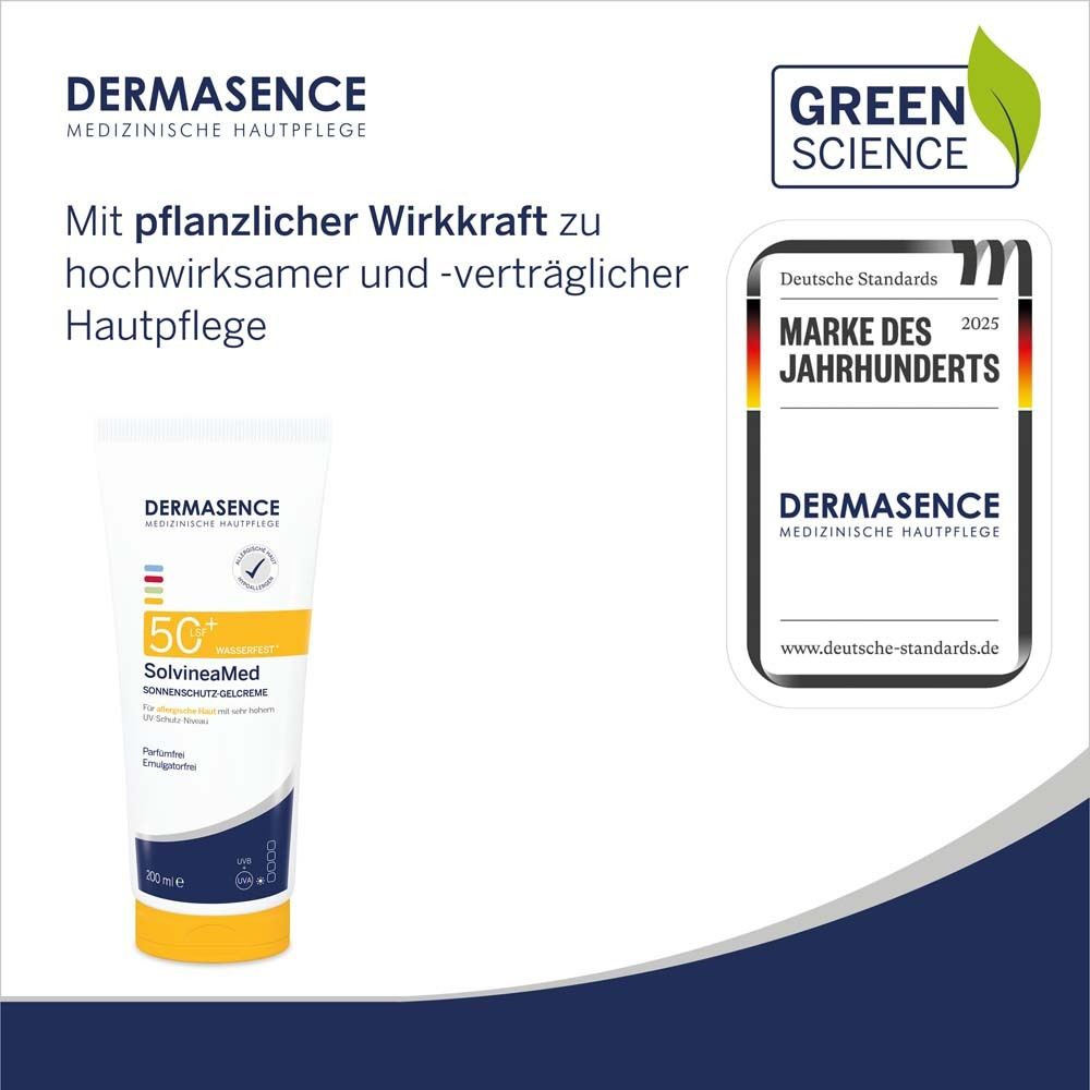 DERMASENCE SolvineaMed Sonnenschutz-Gelcreme LSF 50+ neben Text und Logo. Text: Mit pflanzlicher Wirkkraft zu hochwirksamer und -verträglicher Hautpflege.