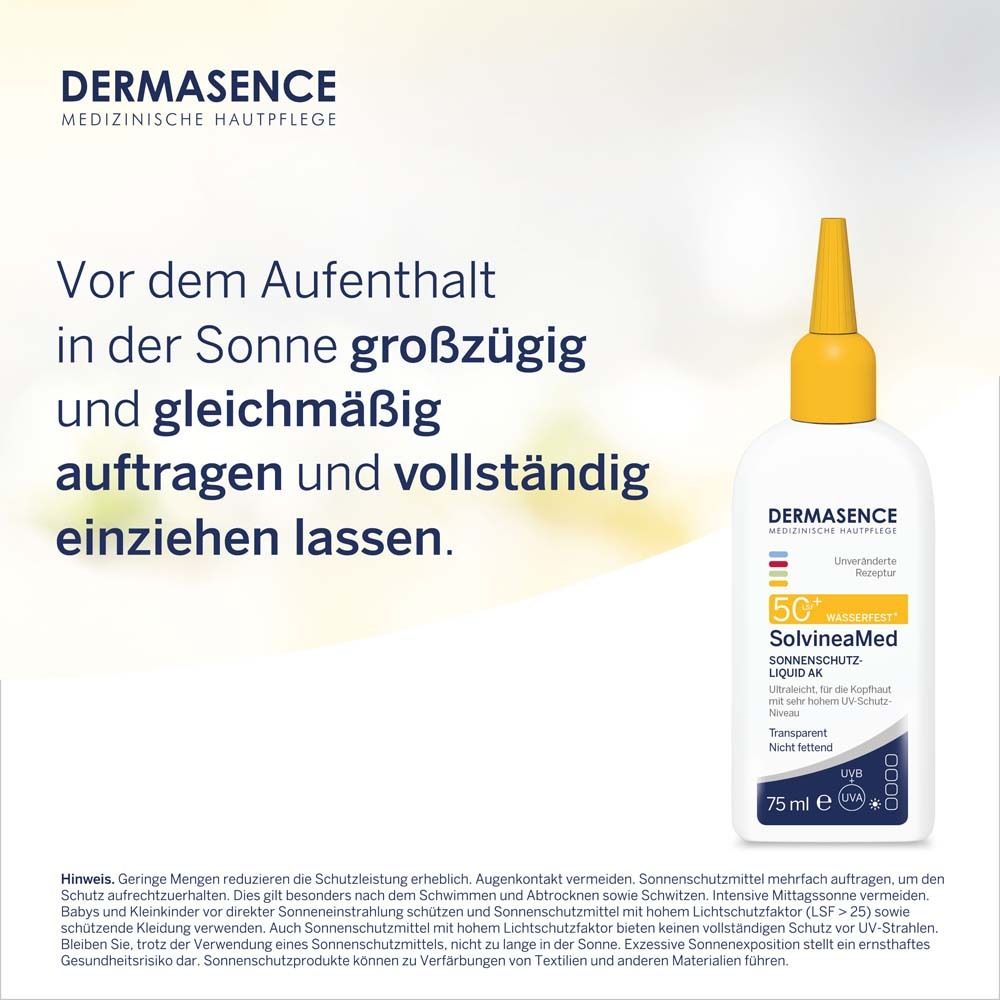 Produktflasche mit gelbem Applikator. Text: Vor dem Aufenthalt in der Sonne auftragen.