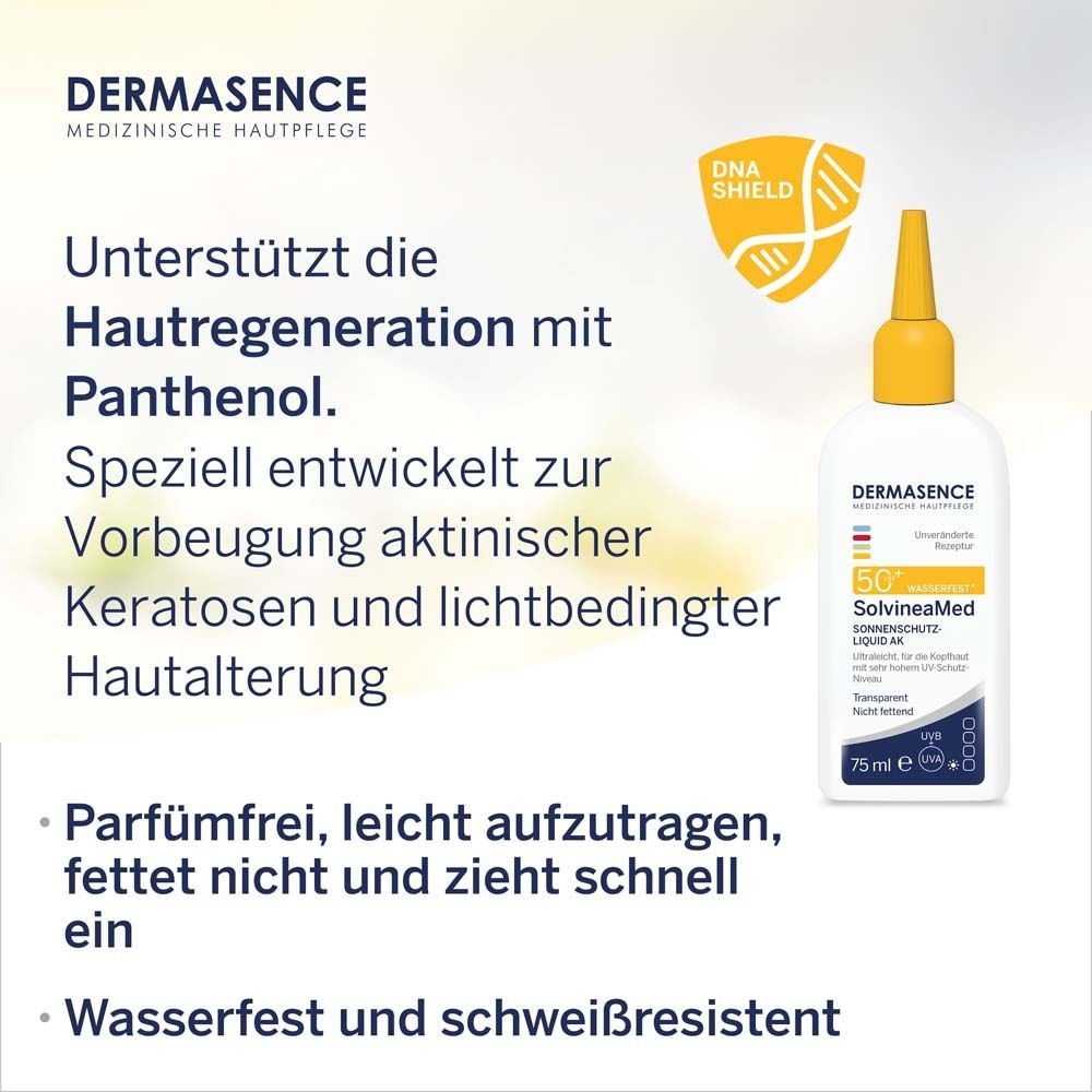 Produktflasche mit gelbem Applikator. Text: Unterstützt die Hautregeneration mit Panthenol.