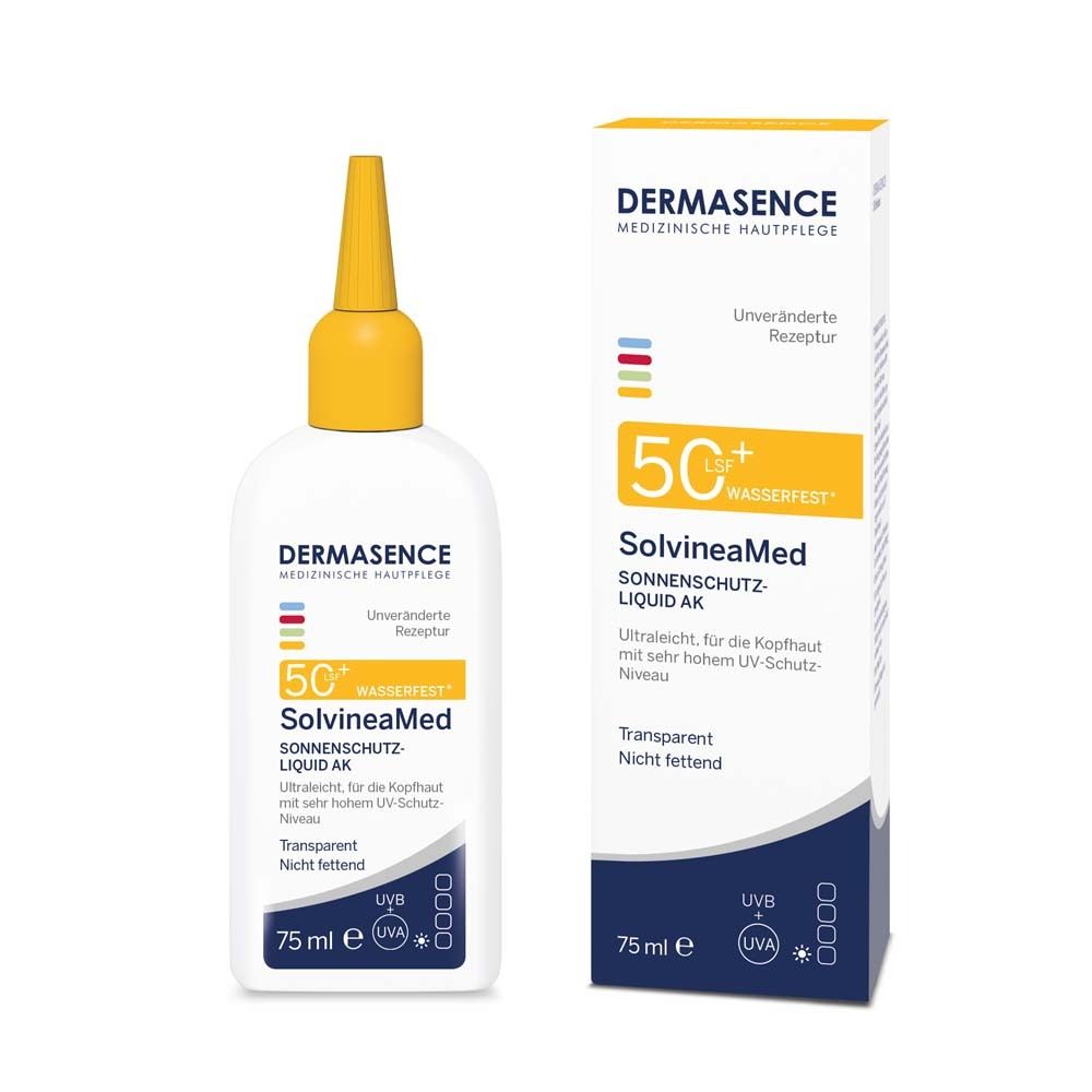 Produktflasche und Verpackung. Produktname, LSF 50+ und weitere Informationen sind sichtbar.