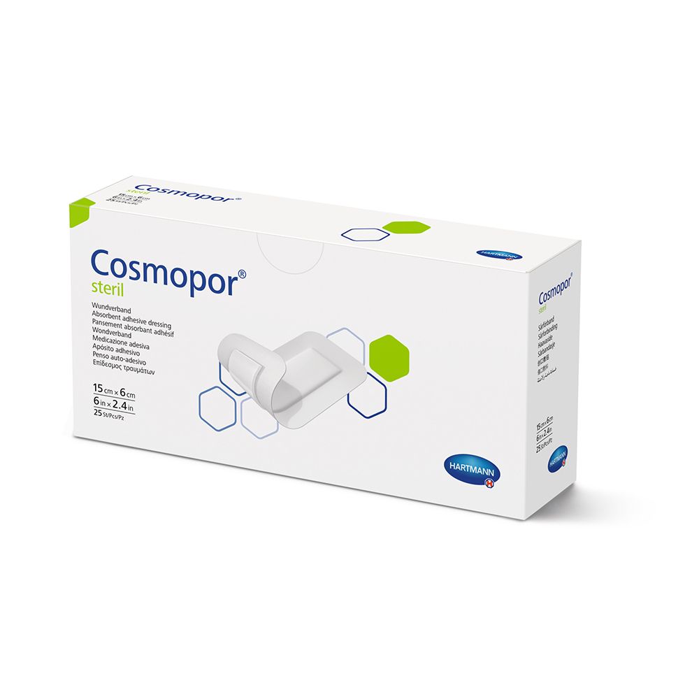 Cosmopor steril Wundverband, 15x6cm, 25 Stück. Hartmann Logo.