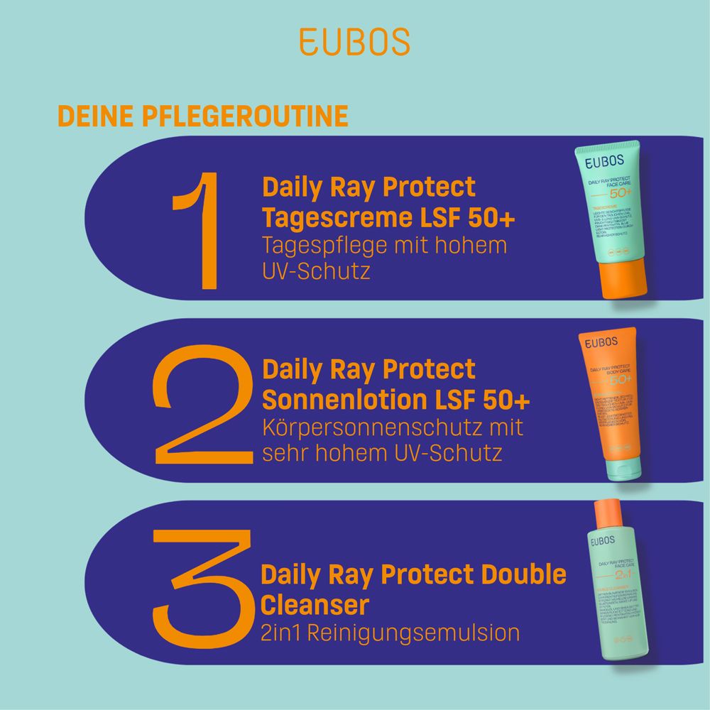 Drei Produkte der Daily Ray Protect Serie. Tagescreme, Sonnenlotion, Double Cleanser.