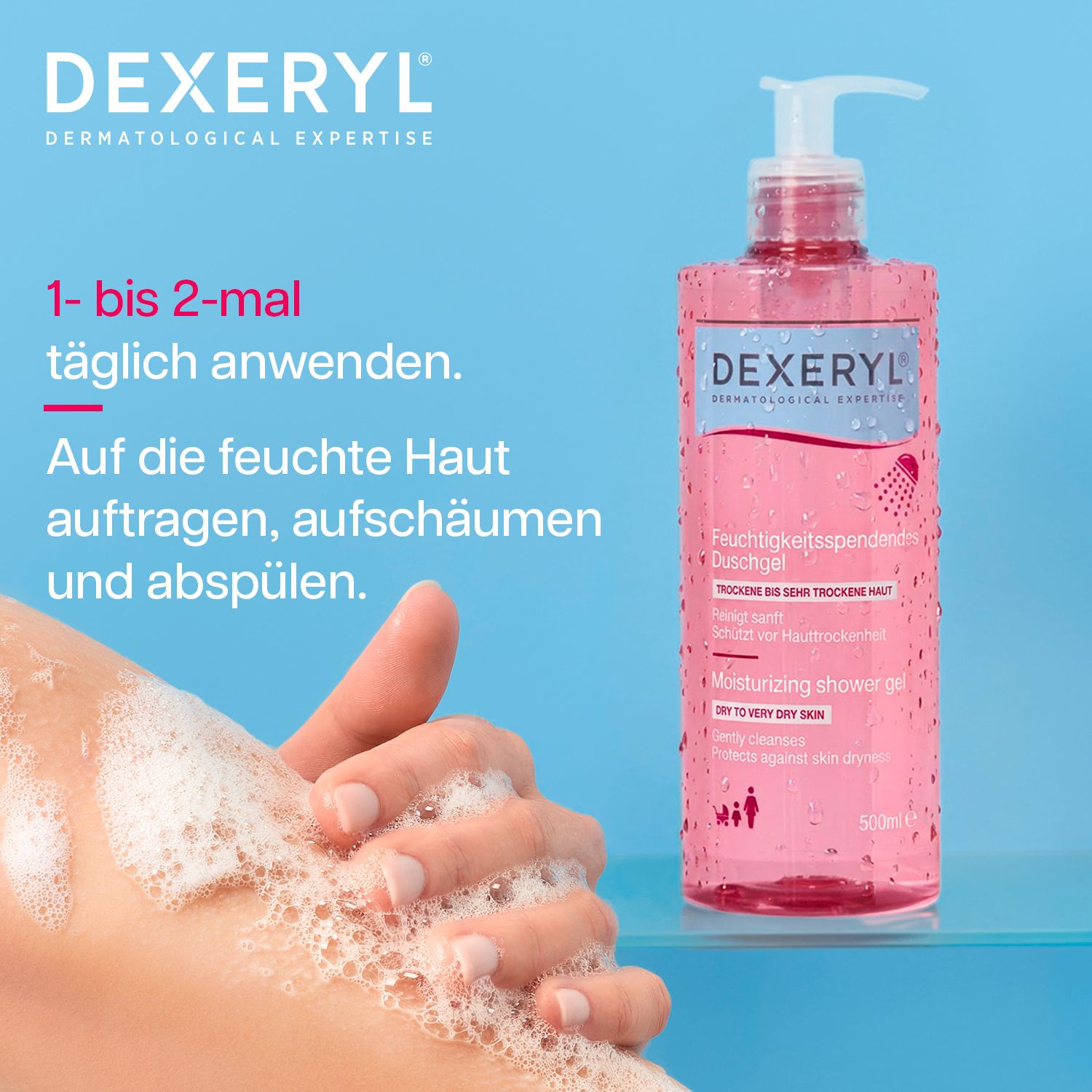 Duschgel in einer durchsichtigen rosa Flasche mit Pumpspender. Text: DEXERYL, Feuchtigkeitsspendendes Duschgel.